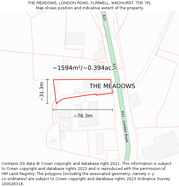 THE MEADOWS, LONDON ROAD, FLIMWELL, WADHURST, TN5 7PL: Plot and title map