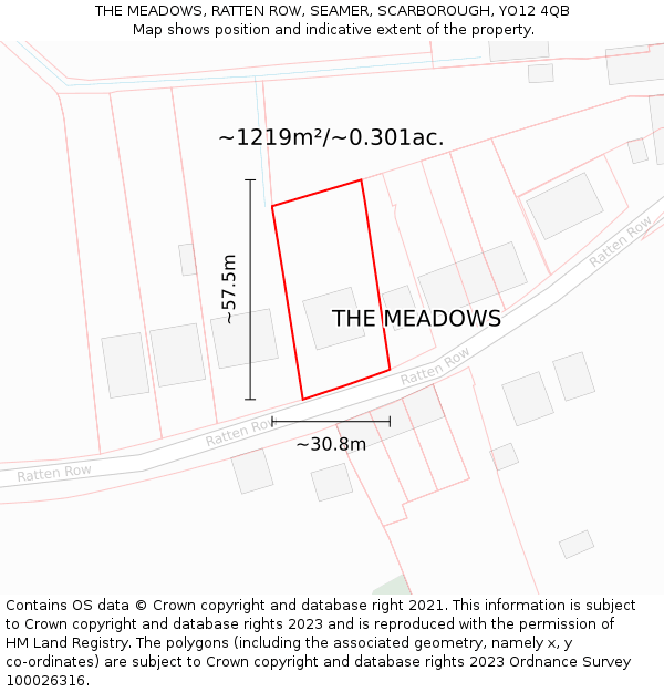 THE MEADOWS, RATTEN ROW, SEAMER, SCARBOROUGH, YO12 4QB: Plot and title map