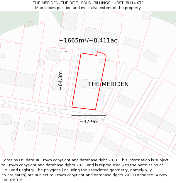 THE MERIDEN, THE RIDE, IFOLD, BILLINGSHURST, RH14 0TF: Plot and title map