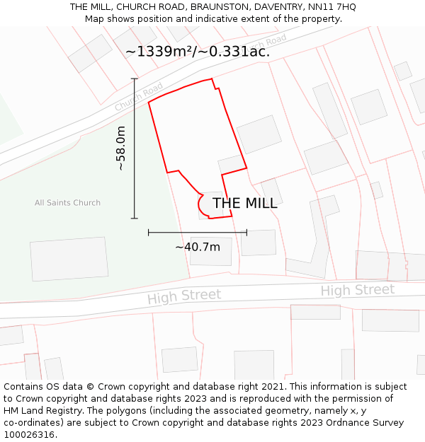 THE MILL, CHURCH ROAD, BRAUNSTON, DAVENTRY, NN11 7HQ: Plot and title map