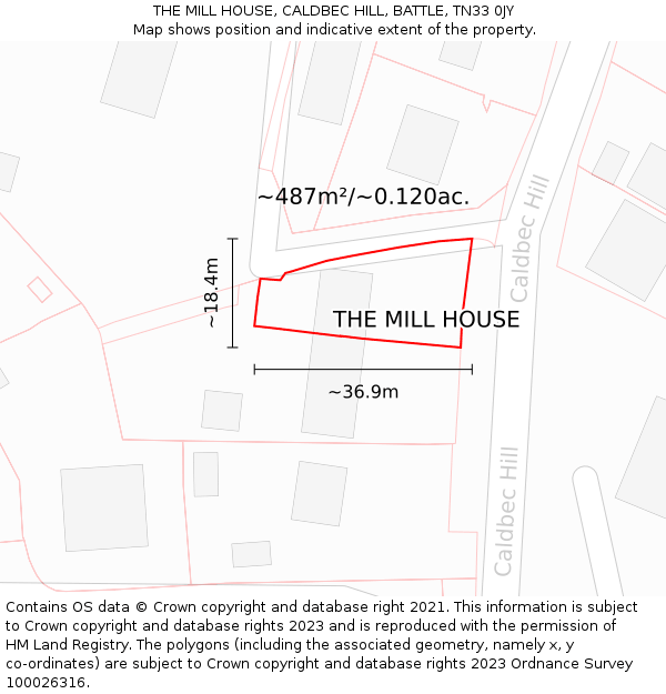 THE MILL HOUSE, CALDBEC HILL, BATTLE, TN33 0JY: Plot and title map