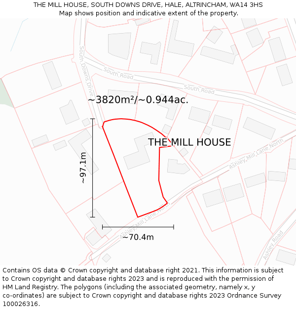 THE MILL HOUSE, SOUTH DOWNS DRIVE, HALE, ALTRINCHAM, WA14 3HS: Plot and title map