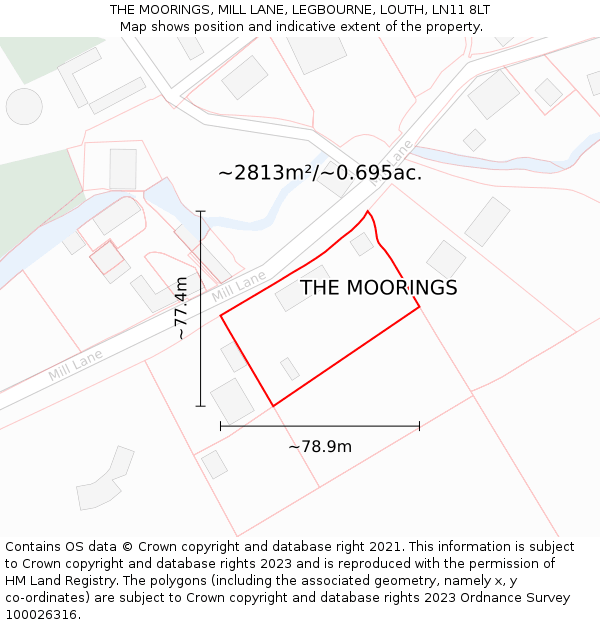 THE MOORINGS, MILL LANE, LEGBOURNE, LOUTH, LN11 8LT: Plot and title map