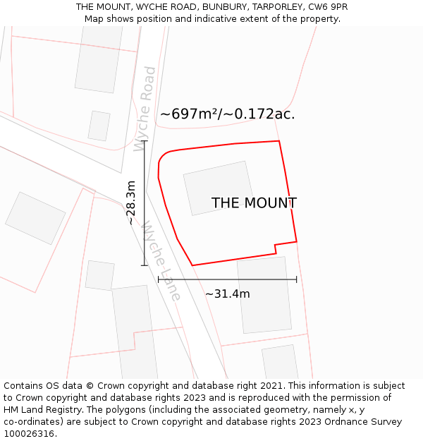 THE MOUNT, WYCHE ROAD, BUNBURY, TARPORLEY, CW6 9PR: Plot and title map