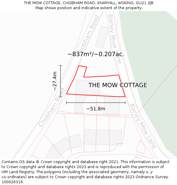 THE MOW COTTAGE, CHOBHAM ROAD, KNAPHILL, WOKING, GU21 2JB: Plot and title map