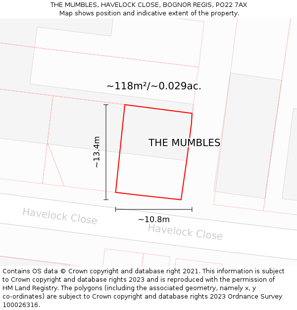 THE MUMBLES, HAVELOCK CLOSE, BOGNOR REGIS, PO22 7AX: Plot and title map