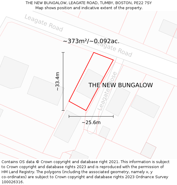 THE NEW BUNGALOW, LEAGATE ROAD, TUMBY, BOSTON, PE22 7SY: Plot and title map