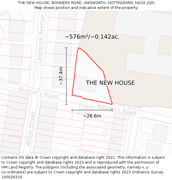 THE NEW HOUSE, BONNERS ROAD, AWSWORTH, NOTTINGHAM, NG16 2QN: Plot and title map