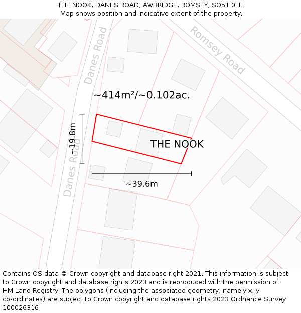 THE NOOK, DANES ROAD, AWBRIDGE, ROMSEY, SO51 0HL: Plot and title map