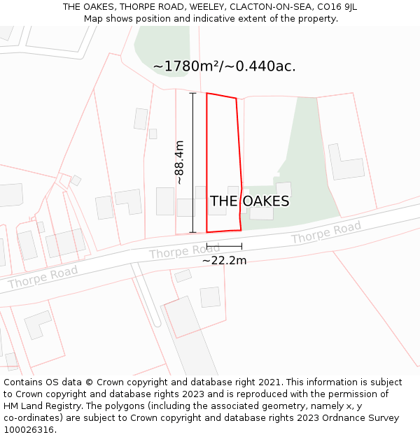 THE OAKES, THORPE ROAD, WEELEY, CLACTON-ON-SEA, CO16 9JL: Plot and title map