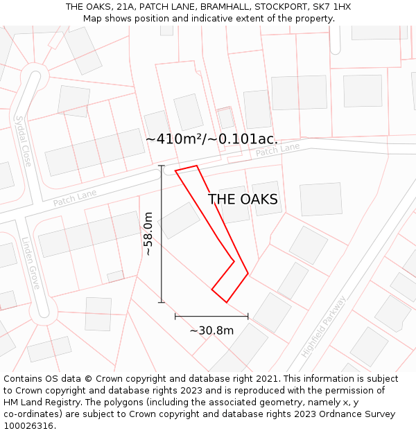 THE OAKS, 21A, PATCH LANE, BRAMHALL, STOCKPORT, SK7 1HX: Plot and title map