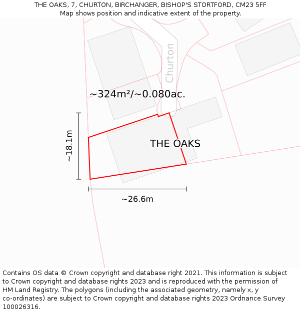 THE OAKS, 7, CHURTON, BIRCHANGER, BISHOP'S STORTFORD, CM23 5FF: Plot and title map