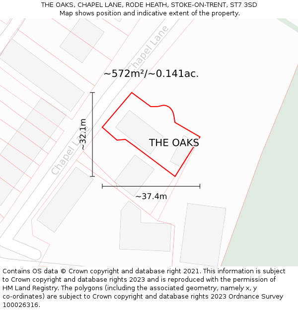 THE OAKS, CHAPEL LANE, RODE HEATH, STOKE-ON-TRENT, ST7 3SD: Plot and title map