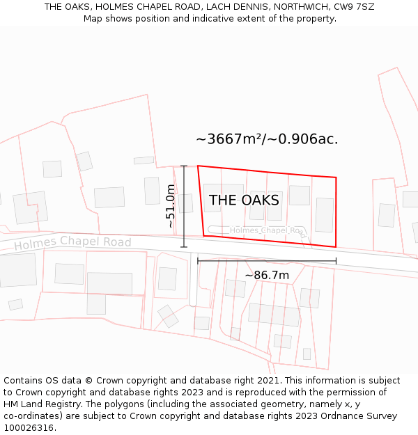 THE OAKS, HOLMES CHAPEL ROAD, LACH DENNIS, NORTHWICH, CW9 7SZ: Plot and title map