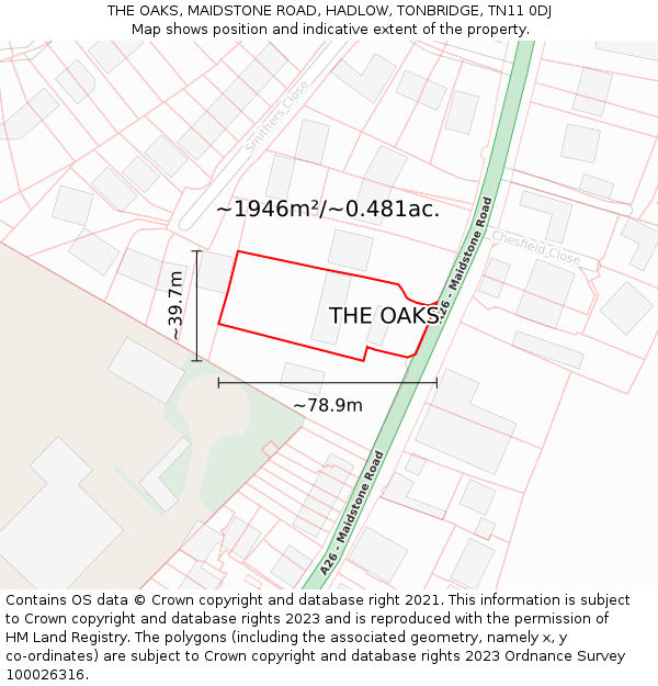 THE OAKS, MAIDSTONE ROAD, HADLOW, TONBRIDGE, TN11 0DJ: Plot and title map