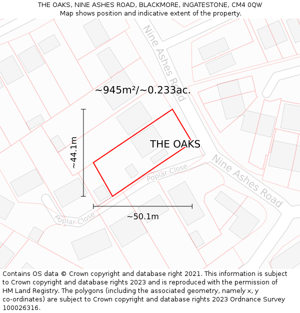 THE OAKS, NINE ASHES ROAD, BLACKMORE, INGATESTONE, CM4 0QW: Plot and title map