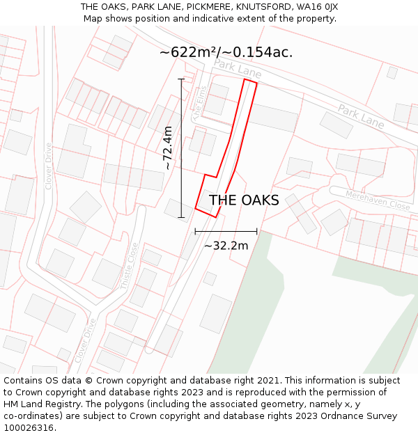 THE OAKS, PARK LANE, PICKMERE, KNUTSFORD, WA16 0JX: Plot and title map