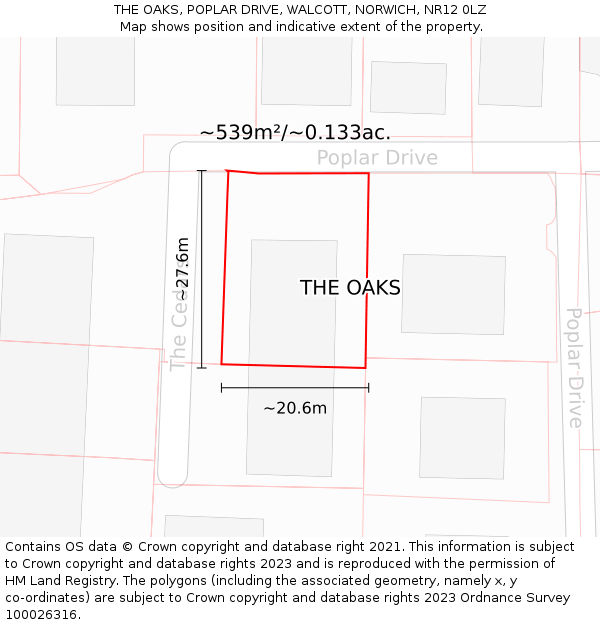 THE OAKS, POPLAR DRIVE, WALCOTT, NORWICH, NR12 0LZ: Plot and title map