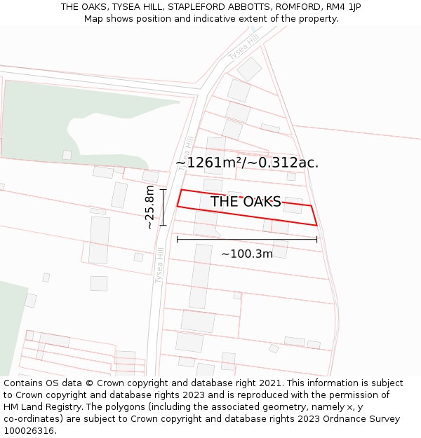 THE OAKS, TYSEA HILL, STAPLEFORD ABBOTTS, ROMFORD, RM4 1JP: Plot and title map