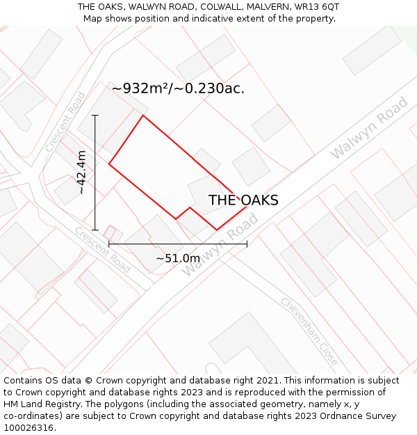 THE OAKS, WALWYN ROAD, COLWALL, MALVERN, WR13 6QT: Plot and title map