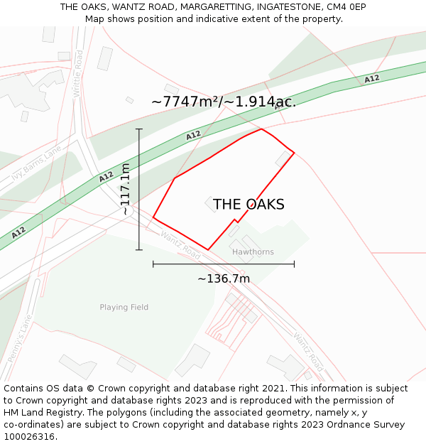 THE OAKS, WANTZ ROAD, MARGARETTING, INGATESTONE, CM4 0EP: Plot and title map