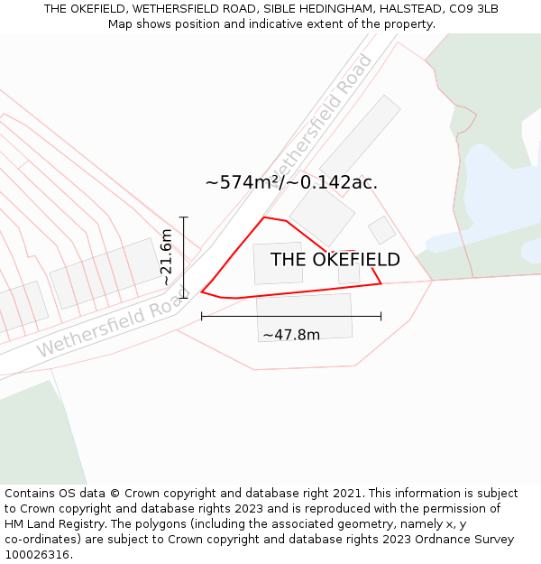 THE OKEFIELD, WETHERSFIELD ROAD, SIBLE HEDINGHAM, HALSTEAD, CO9 3LB: Plot and title map