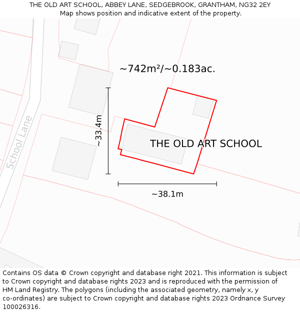 THE OLD ART SCHOOL, ABBEY LANE, SEDGEBROOK, GRANTHAM, NG32 2EY: Plot and title map