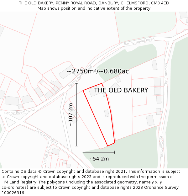 THE OLD BAKERY, PENNY ROYAL ROAD, DANBURY, CHELMSFORD, CM3 4ED: Plot and title map