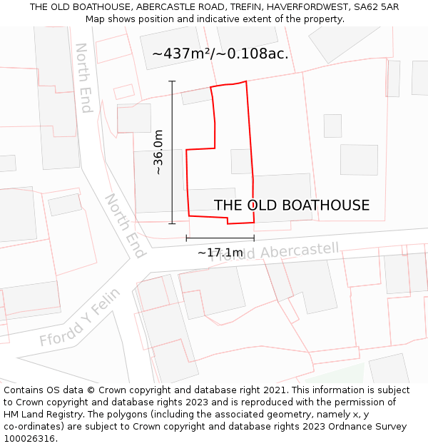 THE OLD BOATHOUSE, ABERCASTLE ROAD, TREFIN, HAVERFORDWEST, SA62 5AR: Plot and title map