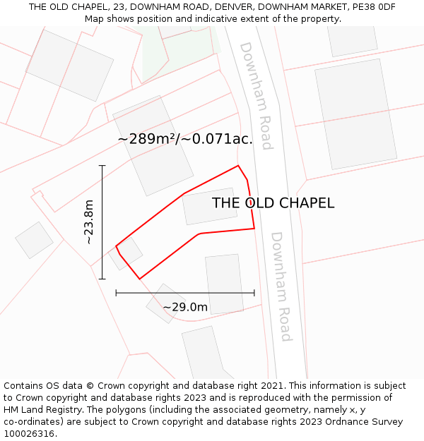 THE OLD CHAPEL, 23, DOWNHAM ROAD, DENVER, DOWNHAM MARKET, PE38 0DF: Plot and title map