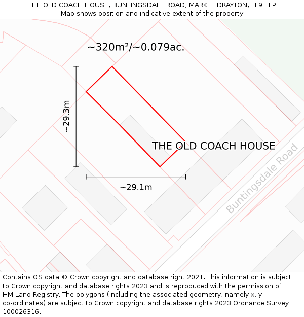 THE OLD COACH HOUSE, BUNTINGSDALE ROAD, MARKET DRAYTON, TF9 1LP: Plot and title map