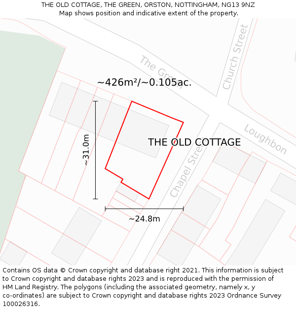 THE OLD COTTAGE, THE GREEN, ORSTON, NOTTINGHAM, NG13 9NZ: Plot and title map