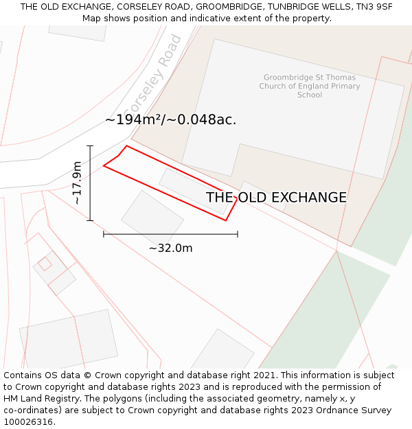 THE OLD EXCHANGE, CORSELEY ROAD, GROOMBRIDGE, TUNBRIDGE WELLS, TN3 9SF: Plot and title map