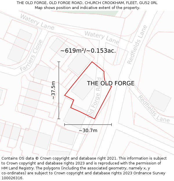 THE OLD FORGE, OLD FORGE ROAD, CHURCH CROOKHAM, FLEET, GU52 0RL: Plot and title map