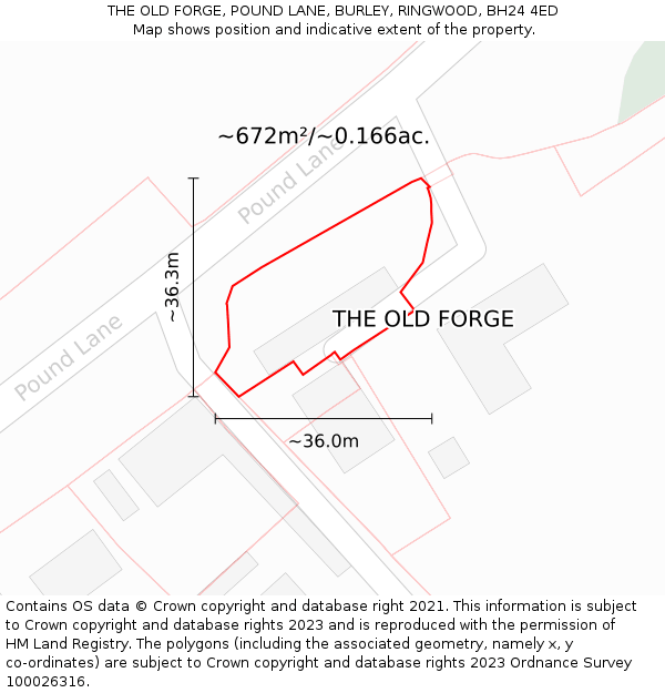 THE OLD FORGE, POUND LANE, BURLEY, RINGWOOD, BH24 4ED: Plot and title map