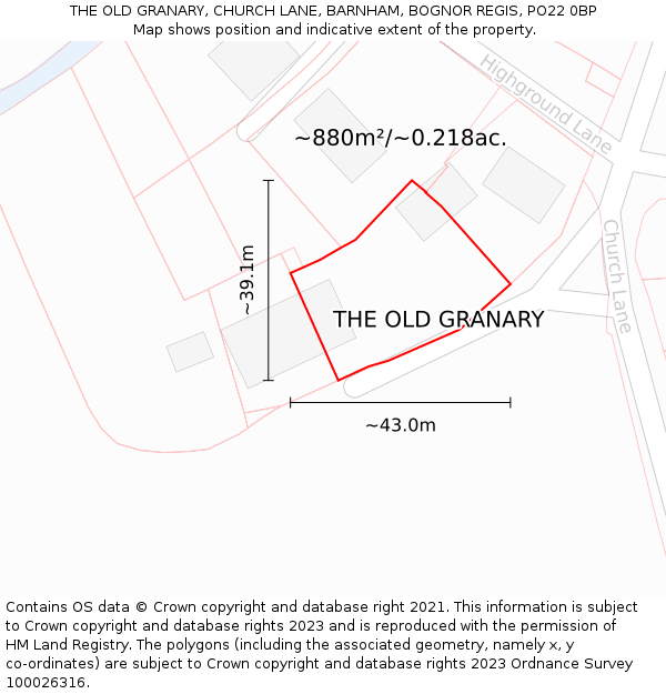 THE OLD GRANARY, CHURCH LANE, BARNHAM, BOGNOR REGIS, PO22 0BP: Plot and title map