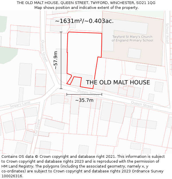 THE OLD MALT HOUSE, QUEEN STREET, TWYFORD, WINCHESTER, SO21 1QG: Plot and title map