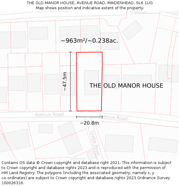 THE OLD MANOR HOUSE, AVENUE ROAD, MAIDENHEAD, SL6 1UG: Plot and title map