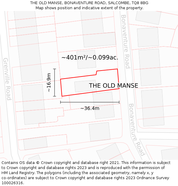 THE OLD MANSE, BONAVENTURE ROAD, SALCOMBE, TQ8 8BG: Plot and title map