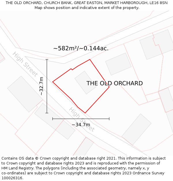THE OLD ORCHARD, CHURCH BANK, GREAT EASTON, MARKET HARBOROUGH, LE16 8SN: Plot and title map