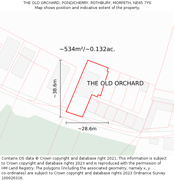 THE OLD ORCHARD, PONDICHERRY, ROTHBURY, MORPETH, NE65 7YS: Plot and title map