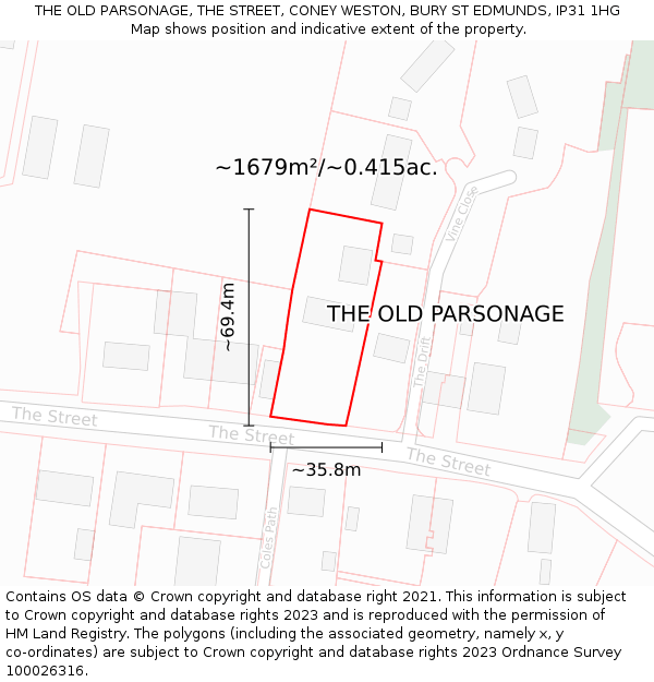 THE OLD PARSONAGE, THE STREET, CONEY WESTON, BURY ST EDMUNDS, IP31 1HG: Plot and title map