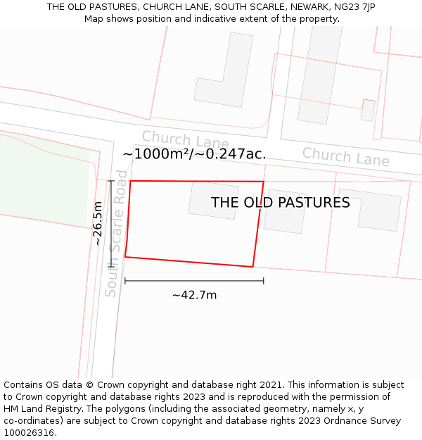 THE OLD PASTURES, CHURCH LANE, SOUTH SCARLE, NEWARK, NG23 7JP: Plot and title map