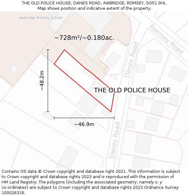 THE OLD POLICE HOUSE, DANES ROAD, AWBRIDGE, ROMSEY, SO51 0HL: Plot and title map