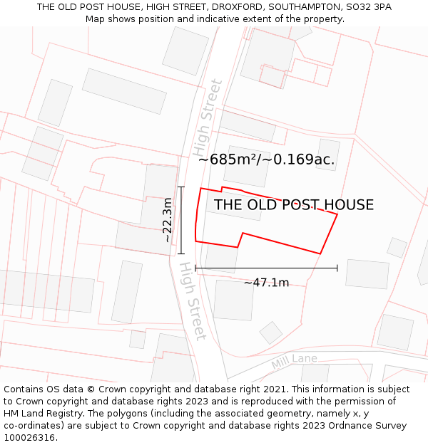 THE OLD POST HOUSE, HIGH STREET, DROXFORD, SOUTHAMPTON, SO32 3PA: Plot and title map