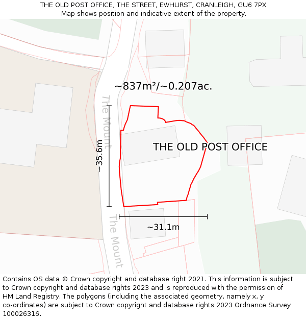 THE OLD POST OFFICE, THE STREET, EWHURST, CRANLEIGH, GU6 7PX: Plot and title map