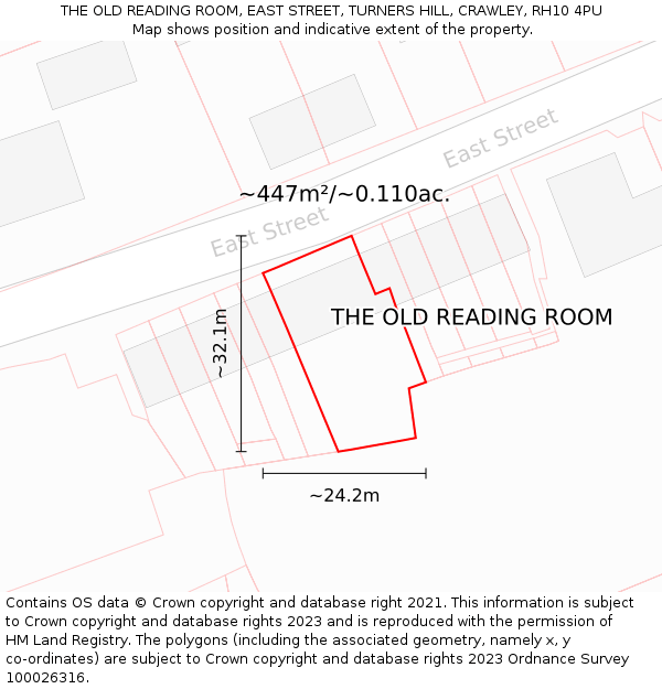 THE OLD READING ROOM, EAST STREET, TURNERS HILL, CRAWLEY, RH10 4PU: Plot and title map