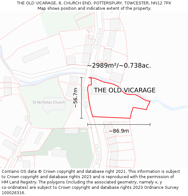 THE OLD VICARAGE, 8, CHURCH END, POTTERSPURY, TOWCESTER, NN12 7PX: Plot and title map