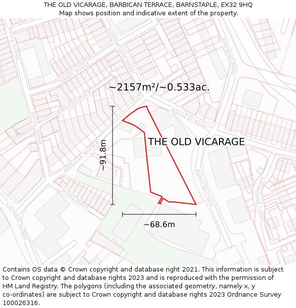 THE OLD VICARAGE, BARBICAN TERRACE, BARNSTAPLE, EX32 9HQ: Plot and title map