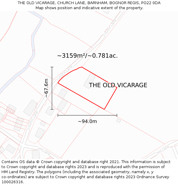 THE OLD VICARAGE, CHURCH LANE, BARNHAM, BOGNOR REGIS, PO22 0DA: Plot and title map